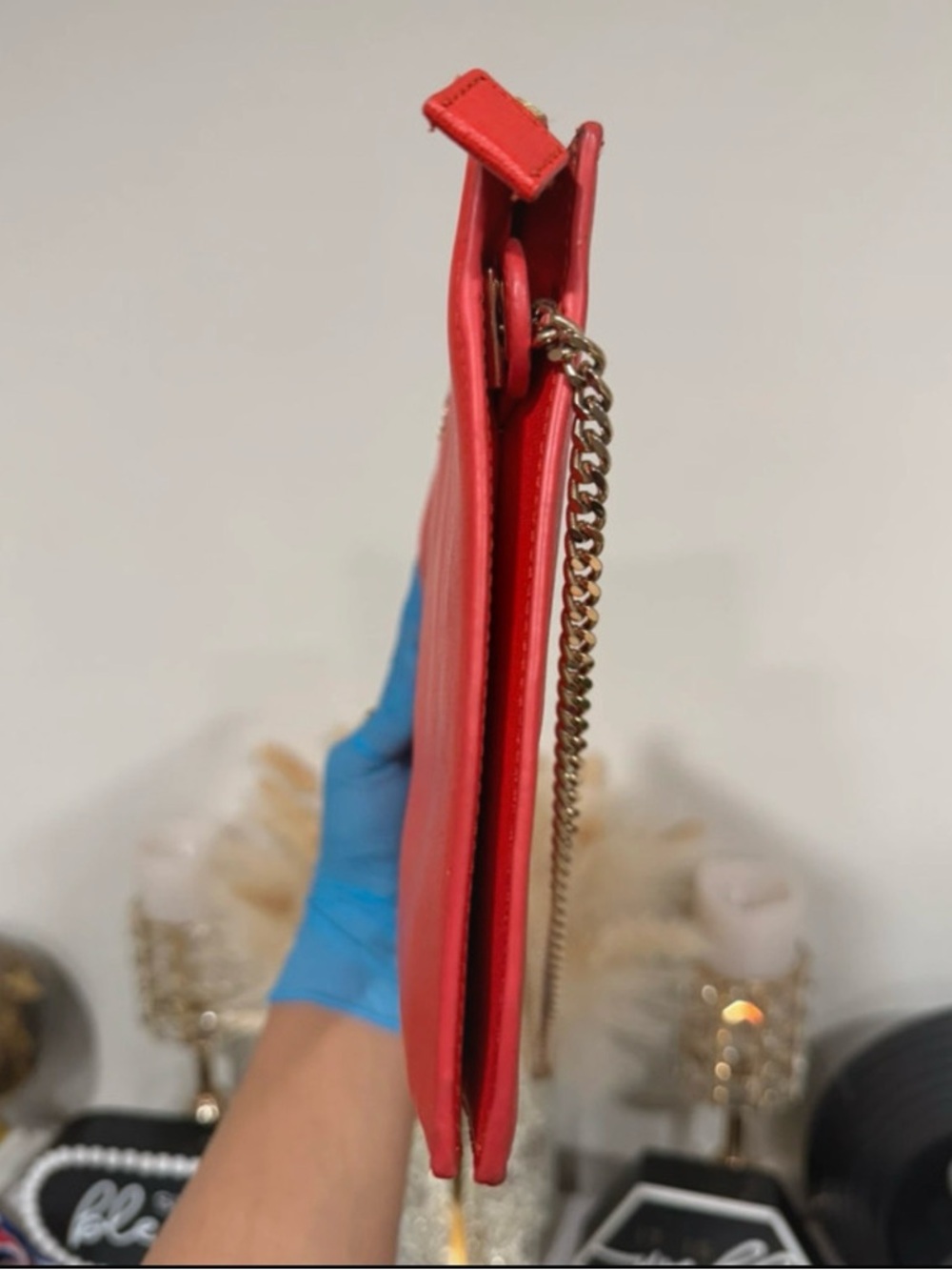 Furla Red Saffiano Leather Chain Crossbody Clutch Bag Gold - Picture 9 of 9